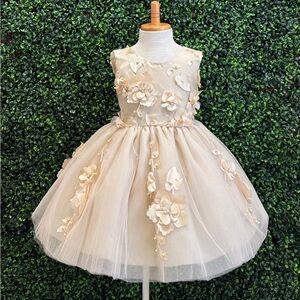Flower Girl 3d Floral Kids Dress in Champagne